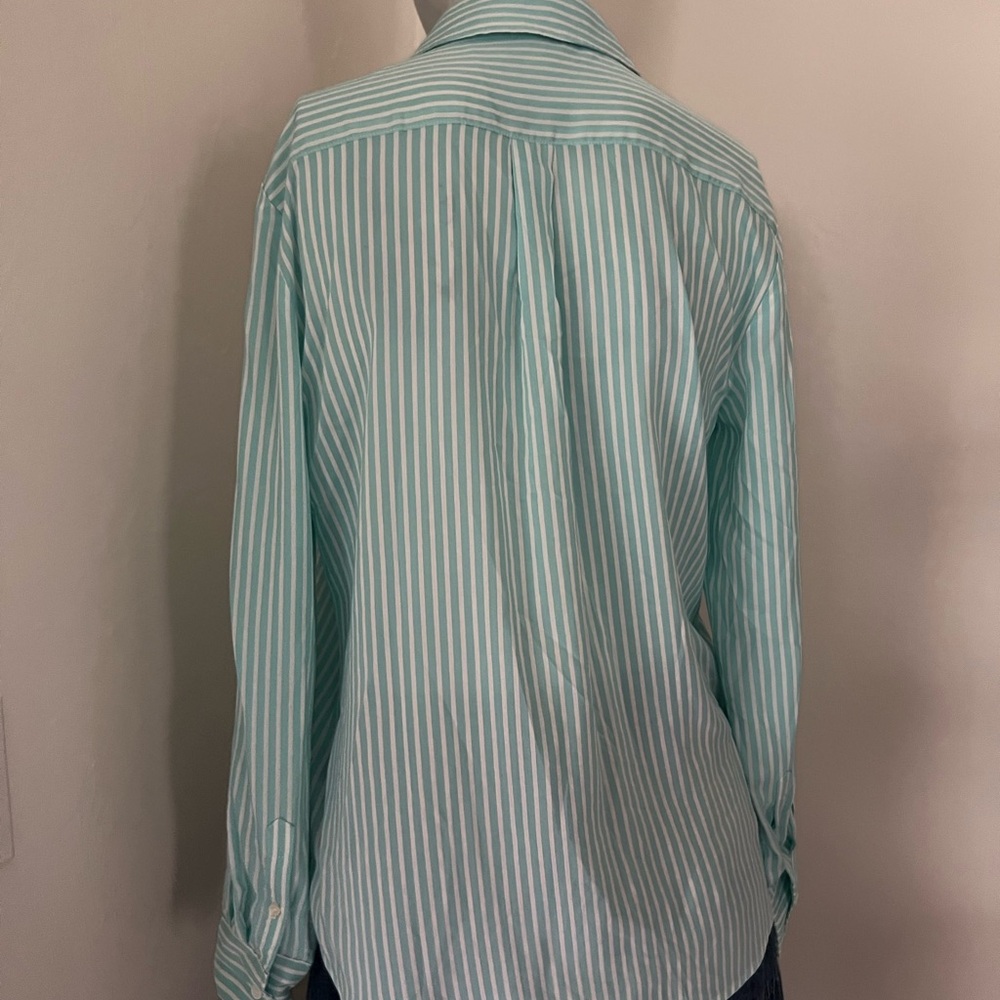 J. McLaughlin Teal and White Striped Sloane Shirt Silk Blend - Picture 8 of 11